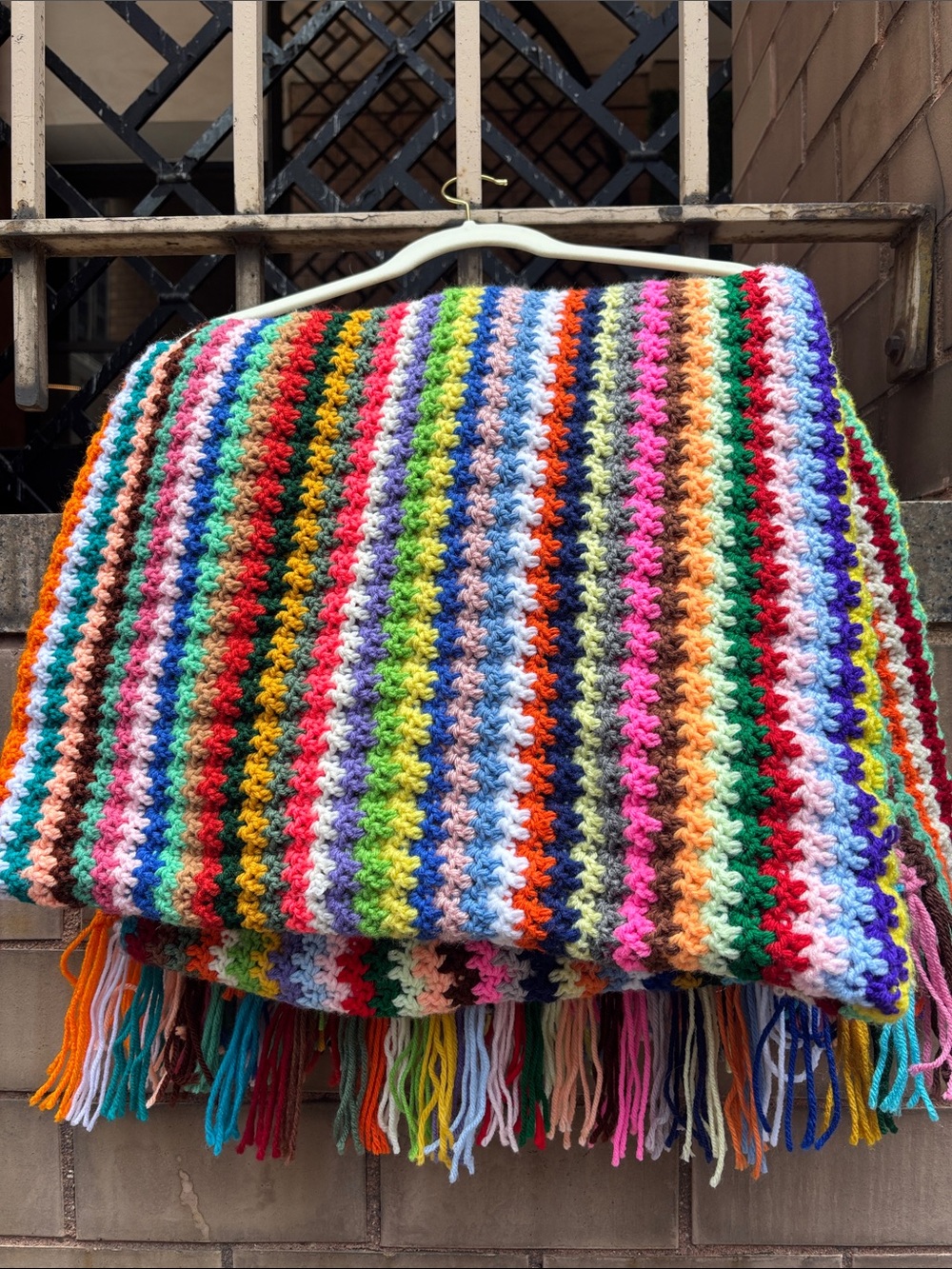 Vintage Handmade Afghan Multicolor Crochet Blanket with Fringe 62in x 37in